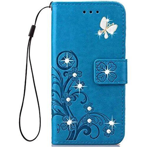 BASIO4 KYV47 ケース シン フィット KYOCER 京セラ ベイシオ4 おしゃれ 純色 四つ葉のクローバーの印 PUレザー 上絵 手帳型 カード入れ au basio 4 財布カバー スタンド機能 耐衝撃 防塵 耐久性 装着やすい 吸着の機能 キラキラ 胡蝶 ラインストーン デコ メチャ可愛い ベイシオ フォー スマホカバー BASIO4 ブルー 429