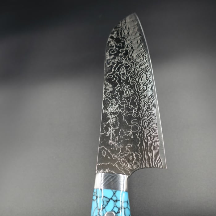 粉末ハイス鋼 ダマスカス 三徳包丁 180mm 越前打刃物 期間限定 佐治作 包丁 三徳 R2 粉末ハイス鋼 ダマスカス 185mm 青 ターコイズ
