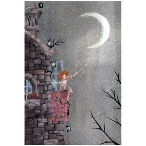 『月の糸  星のビーズ』　月を紡いで星をビーズに仕立てる女の子　神秘的でちょっとおしゃれなイラスト　ポストカード