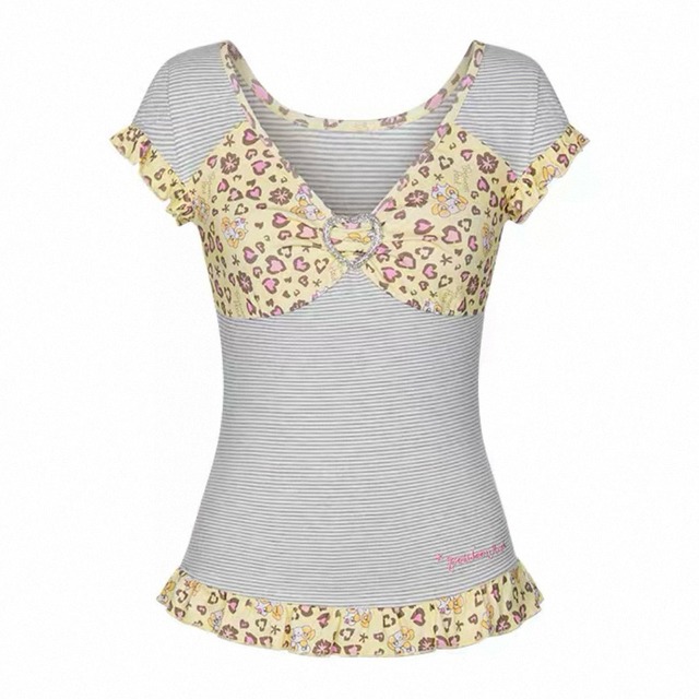 [BETWEENAND] Fastener Yellow Striped Leopard T-shirt