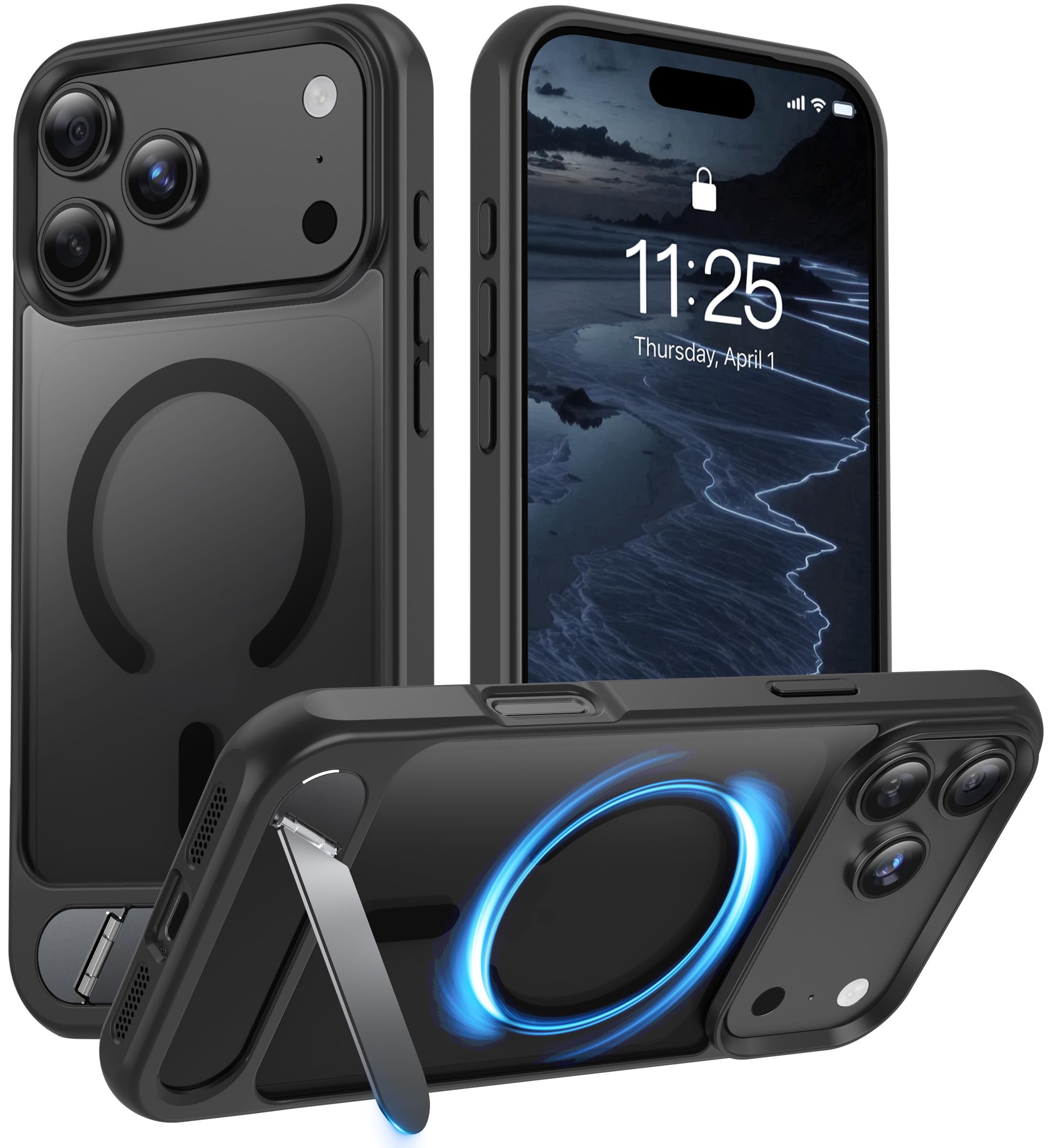 AXAG iPhone 18 Pro 用 ケース Magsafe対応 マットブラック 3倍米軍MIL規格 隠しスタンド調整可能