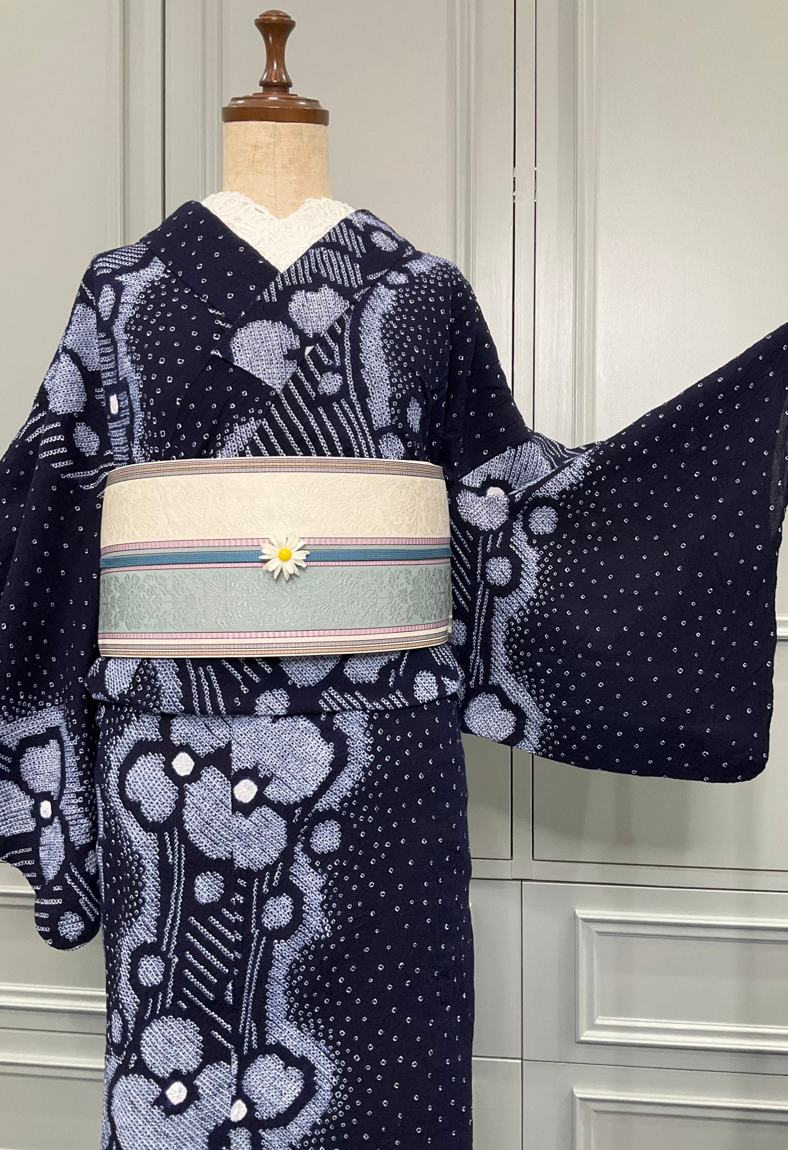 有松鳴海絞り浴衣＊藍色 ふわり、花の行方 0895 | kimono tento