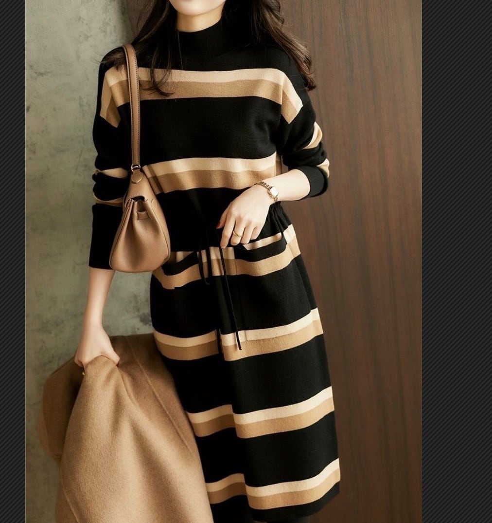 スカート ワンピース セーター 膝上 ミモレ 長袖 ハイネック 大人可愛い きれいめ カジュアル 大人 レトロ 大人可愛い クール ボーダー 春 秋 冬 20代 30代 40代 女性用 OL 通勤 通学 デート お出かけ 女子会 スタイル 体系カバー S M L XL ブラック