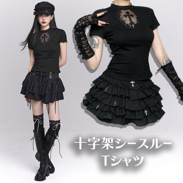 Myurina 十字架シースルーTシャツ サブカル ミニT ピチT y2k 地雷系 