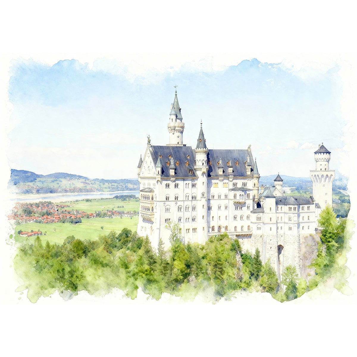 絵画 風景画(街並み) ドイツ ノイシュバンシュタイン城 インテリアアート額付き 水彩画・油絵風 WAT1624