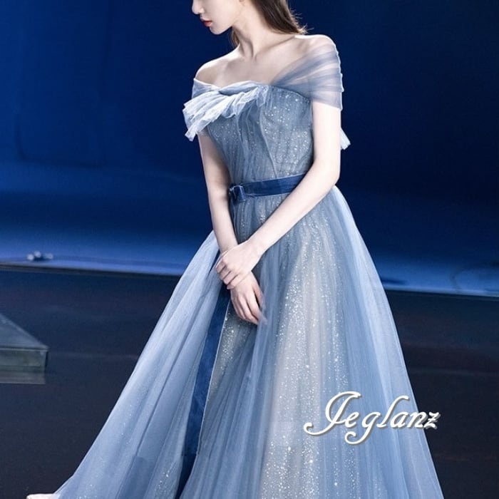 パーティ イブニングドレス オフショル バックシャン ラメ 光沢感(M8411)ζ