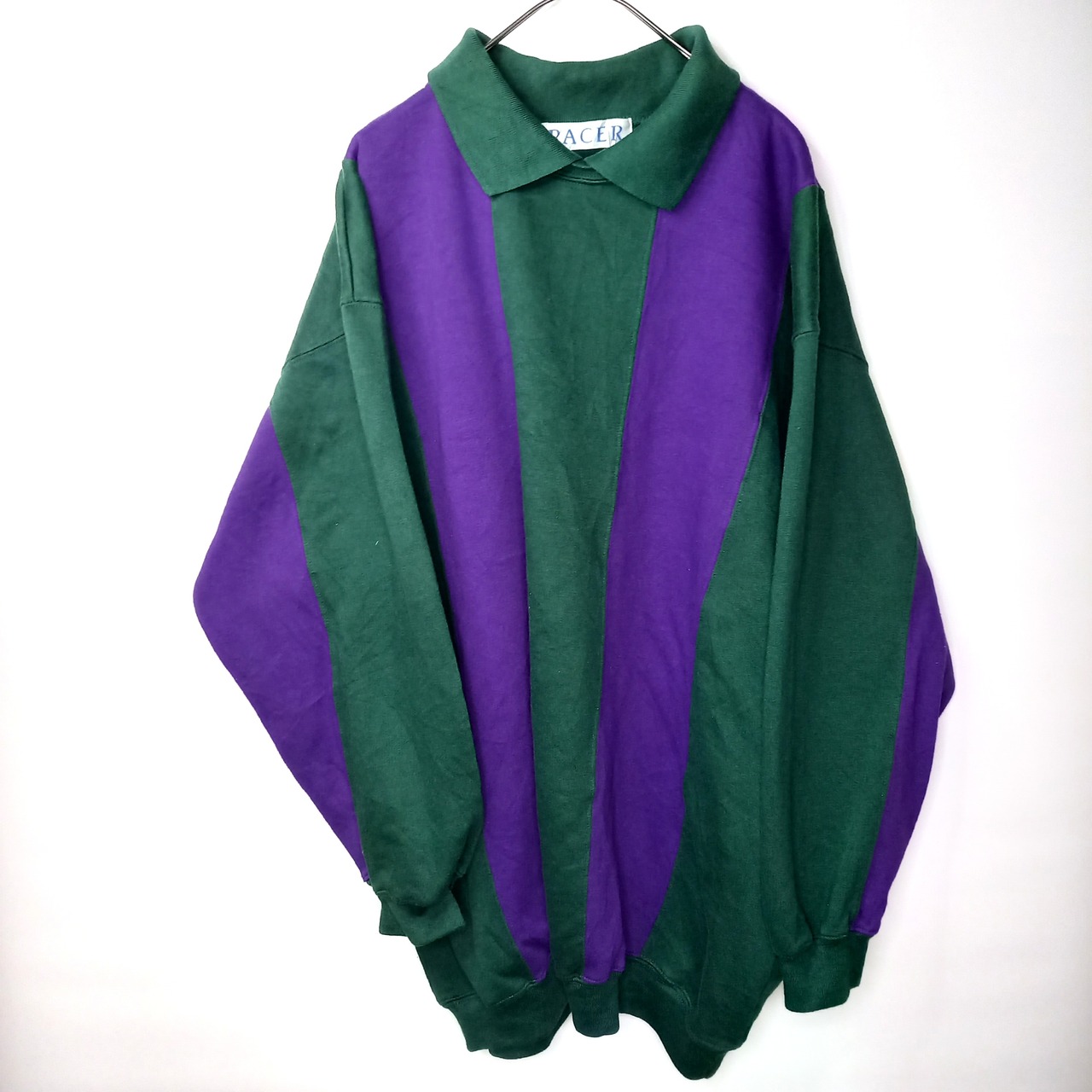 PACER　ポロスウェット　トレーナー　ストライプ　グリーン　パープル　M