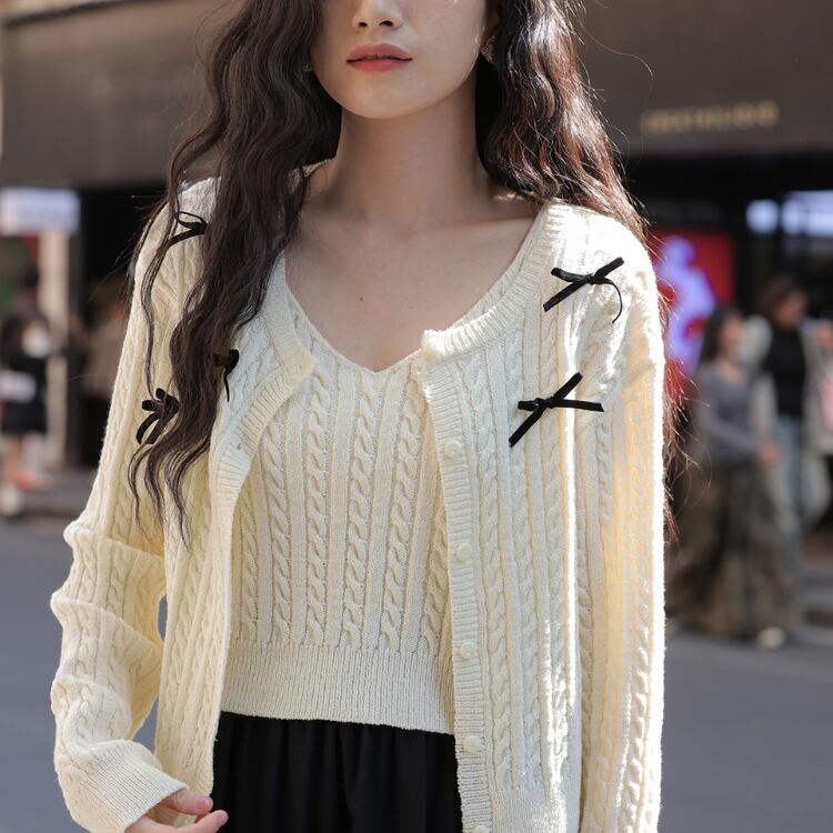 Ribbon sweater cardigan & camisole【2set】00132