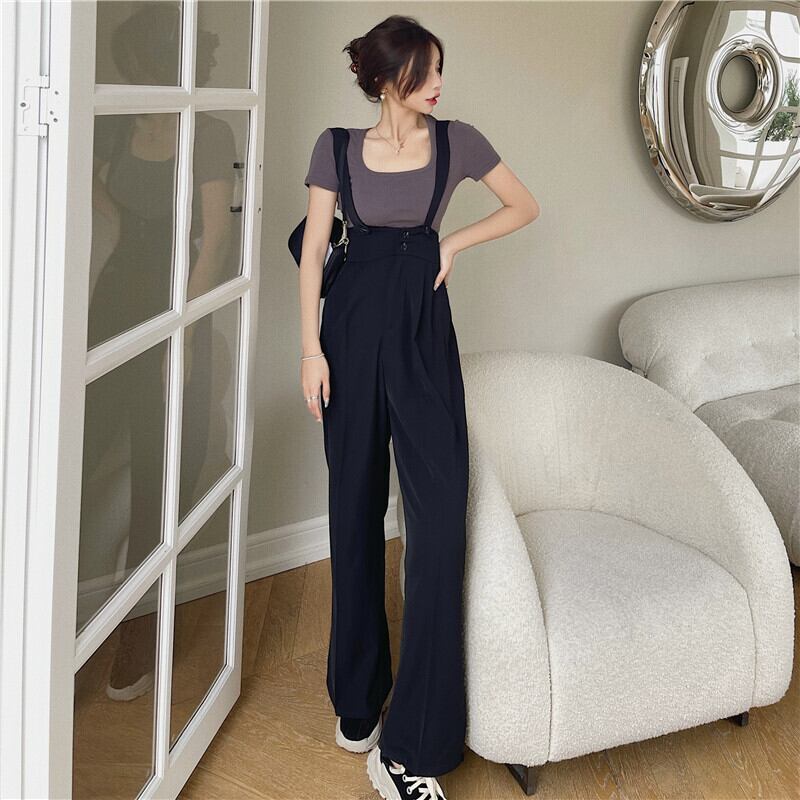 ハイウェストウェスト薄手ルーズサマーブラックパンツ 夏物 ブラックストロベリース57706747039