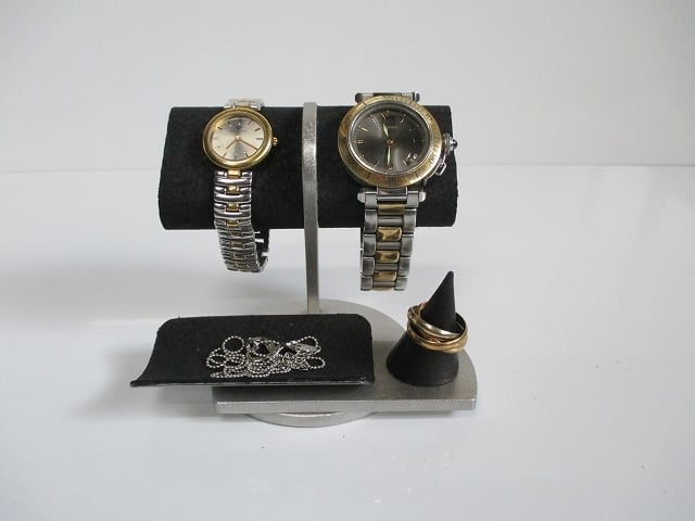 腕時計 飾る ブラック２本掛けだ円パイプトレイ、指輪スタンド付き