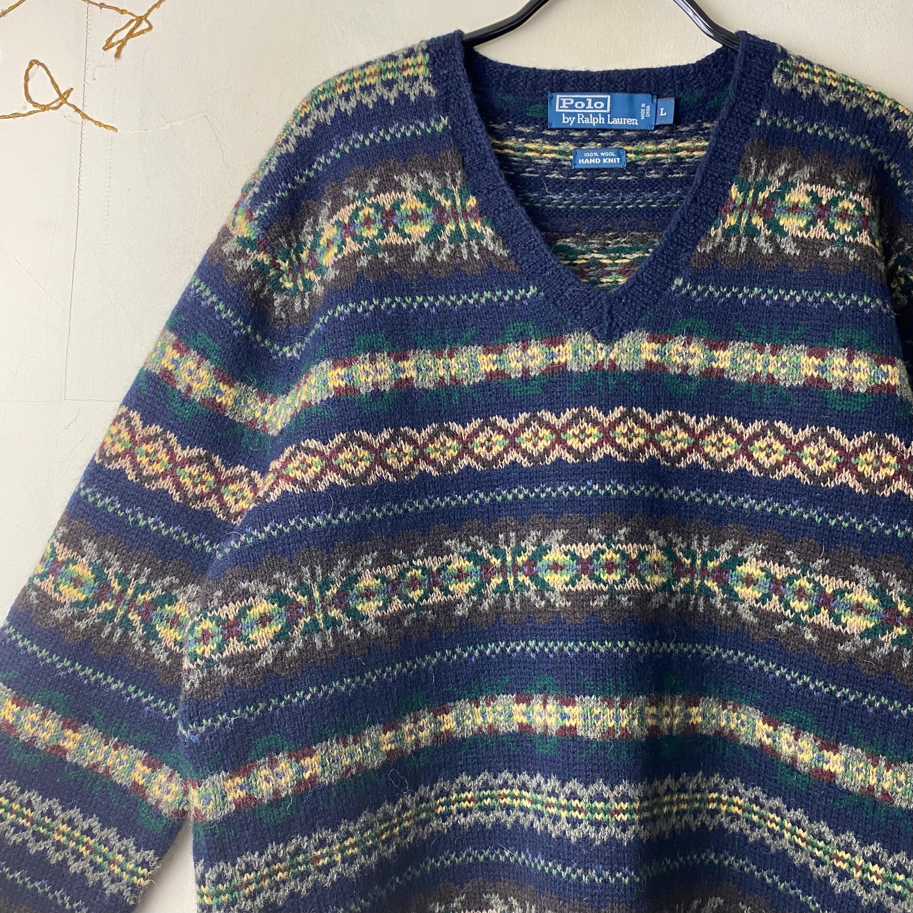 POLO by RALPH LAUREN native pattern V-neck hand knit sweater 