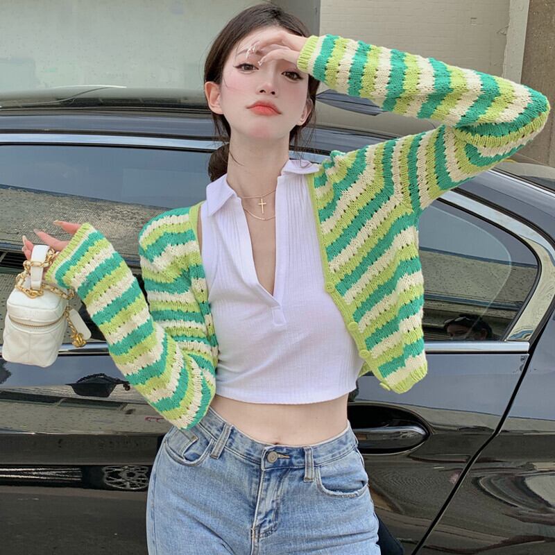 スタンダードニットカーディガンジャケット オータムスタイルストライプカラーセーター レトロ 秋物 ガールズファッション40951637619