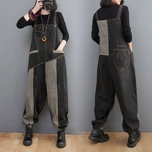 CONTRAST STITCH DESIGN ELASTIC HEM BLACK DENIM OVERALL 1color M-10128