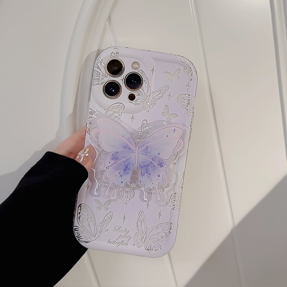 新型iPhone15シリーズ対応】美しすぎる◎ 水彩バタフライ パープル