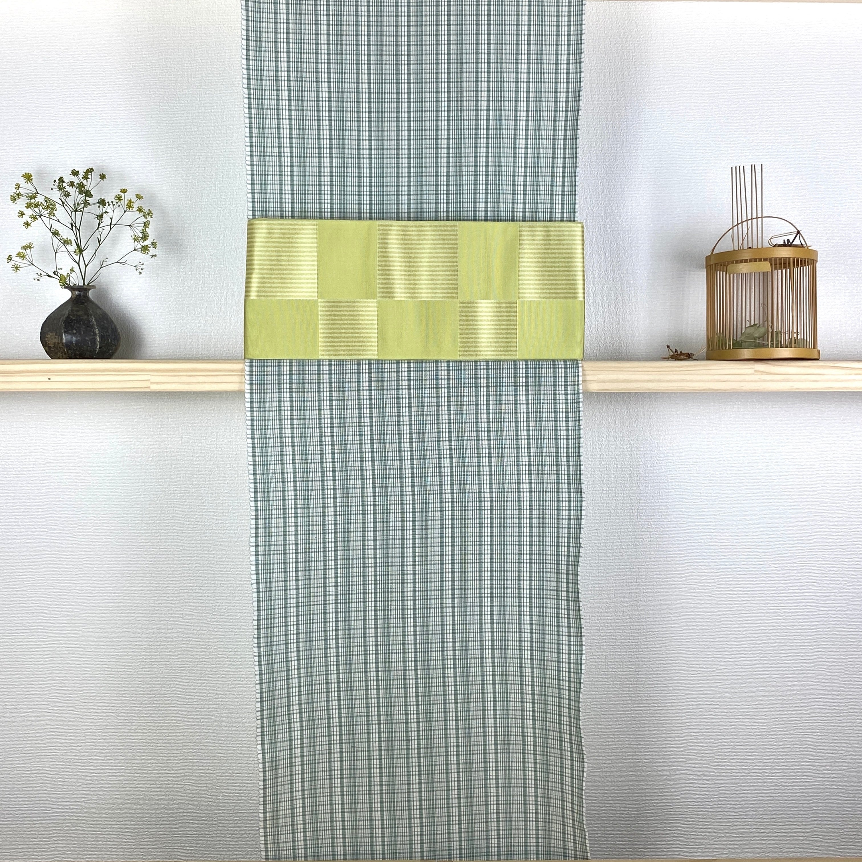 半幅帯 博多織 『結』 筋市松 グリーン | きもののここち 透佳