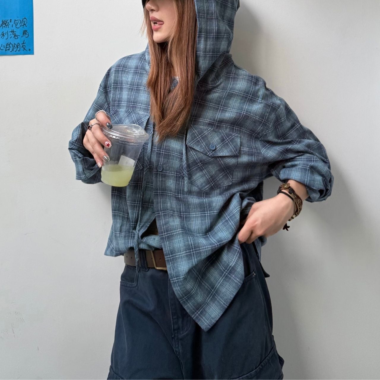 シャドーチェックフーディシャツ R00713