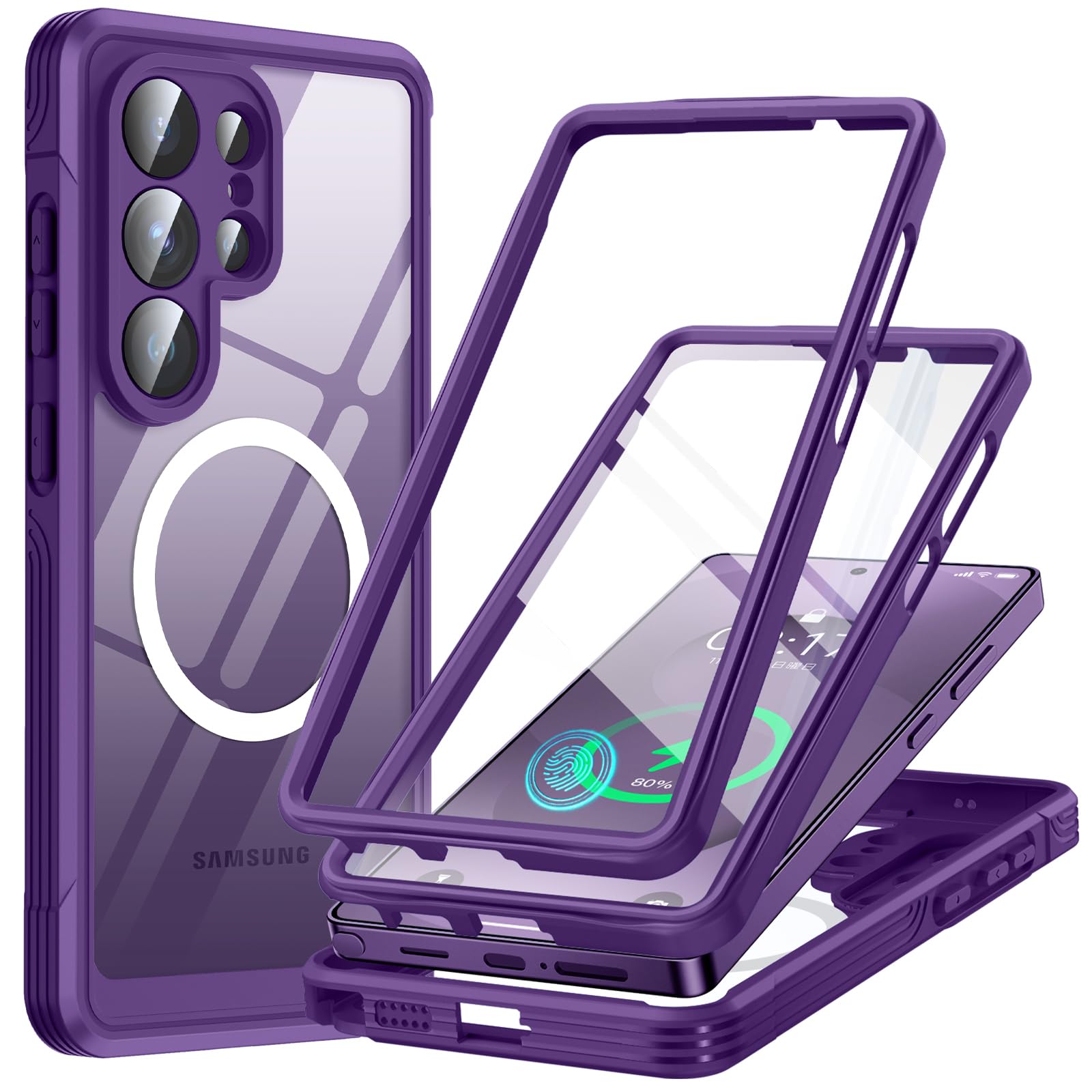 MESTRIEV Galaxy S26 Ultra 用 ケース【MagSafe対応・米軍MIL規格】全面保護 9H 強化ガラス 耐衝撃 保護フィルム付き 耐久性 軽量 すり傷防止 マグネット搭載 ワイヤレス充電対応 背面クリア 両面保護 スマホケース 高感度タッチ 携帯カバー 防塵 滑り落ちにくい 指紋認証対応 ギャラクシー S26 ウルトラ カバー(パープル)