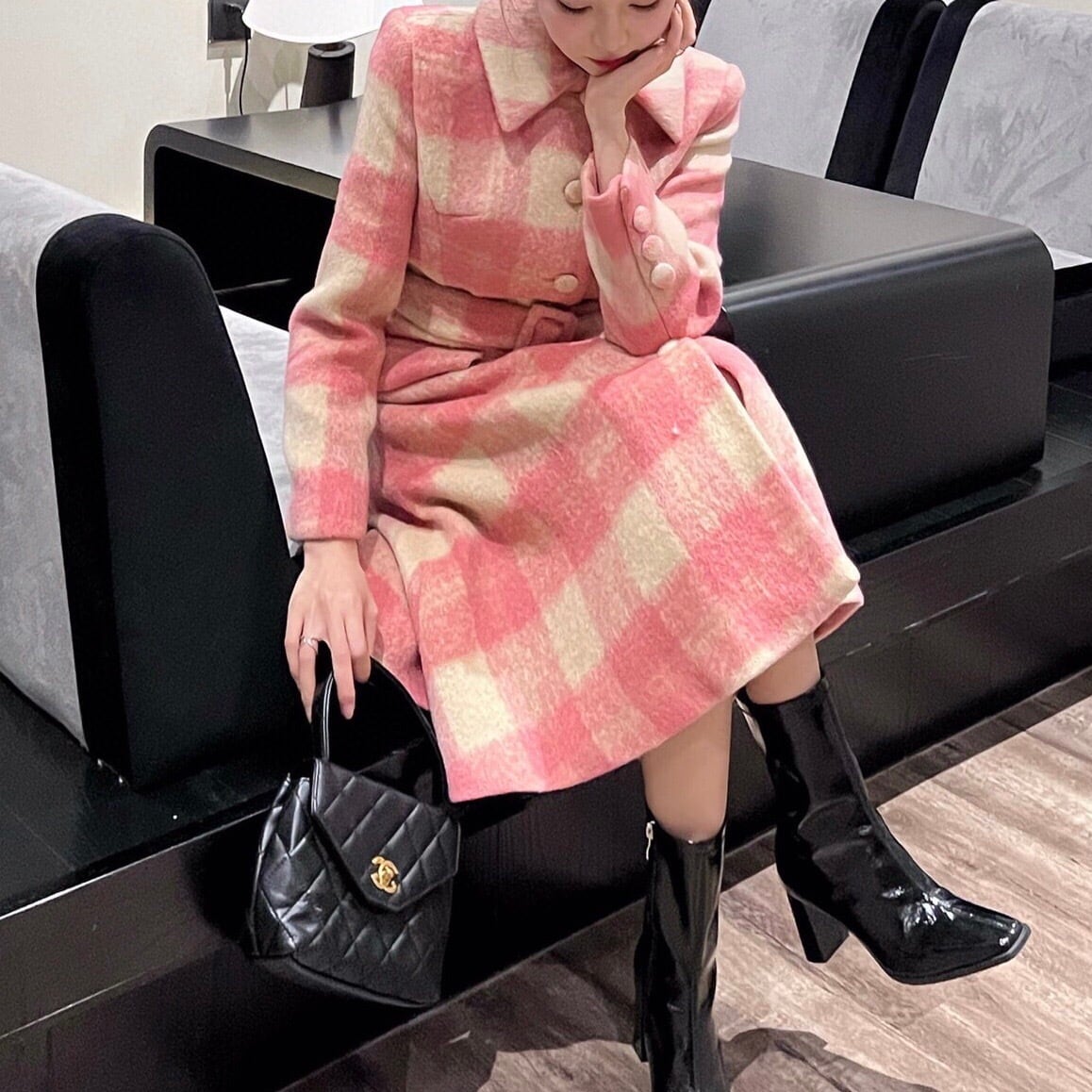 コート アウター ジャケット チェック ワンピース ピンク ドレス