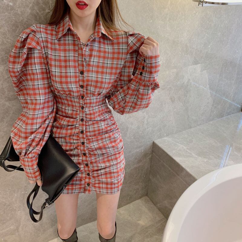 ドレス ウェストスリム格子柄シャツ ショートスカート スプリング ロング 春物 ブラックストロベリース70144265115