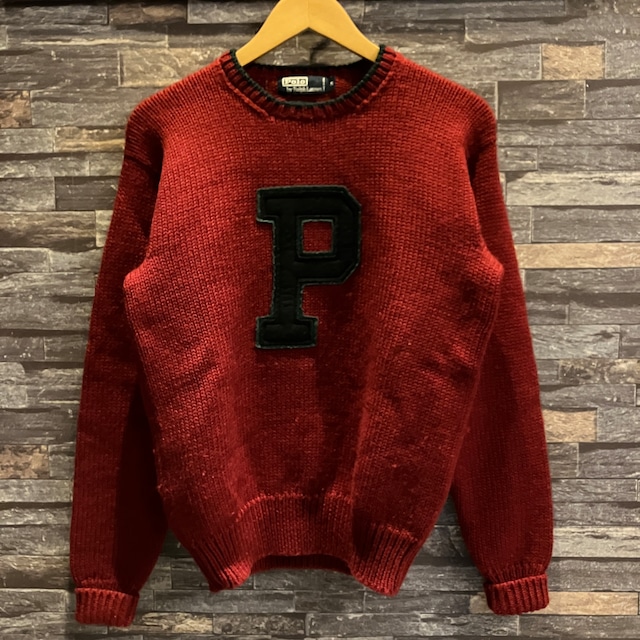 RALPH LAUREN P LOGO WOOL SWEATER RED 1990'S OLD