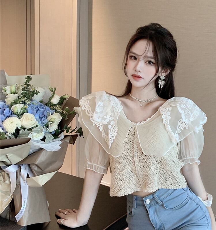 レースメッシュシフォンシャツ レディースサマーショート 大人ガーリー スウィート キュート カジュアル 夏物 ブラックストロベリース5352212385