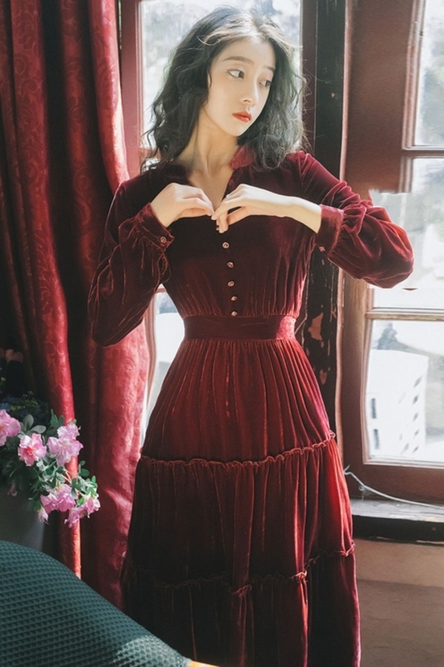 2019秋新作 秋冬 フレンチ レトロ スリムドレス 女性 ワインレッド 