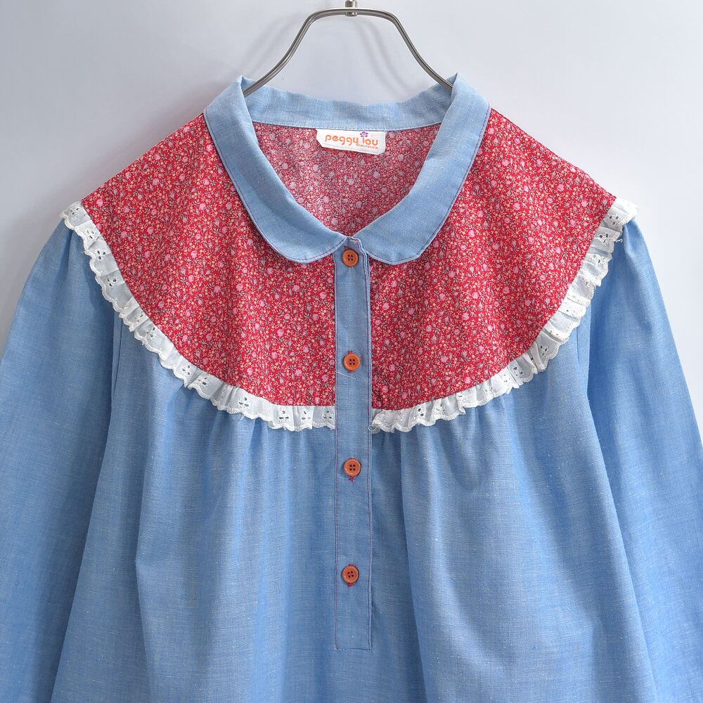 60~70s peggy lou CALIFORNIA フリルレール&小花柄 ヨーク切替 シャンブレー プルオーバーシャツ ヴィンテージ 半袖 ビンテージ USA アメリカ古着 レディースXXL相当