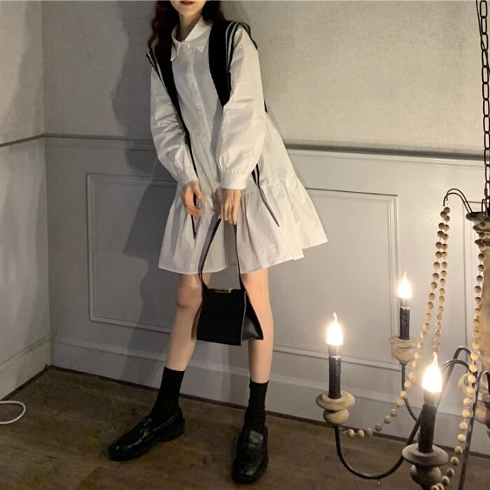 ホワイトシャツ ドレス スカート スプリングプリーツショート 春物 モンロー33901426597