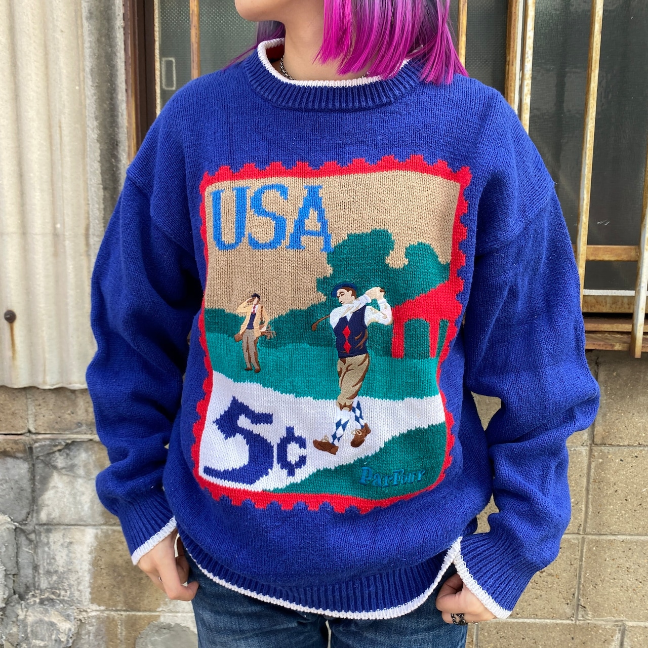 Par Four USA ゴルフ 刺繍 コットンニットセーター メンズM 古着 