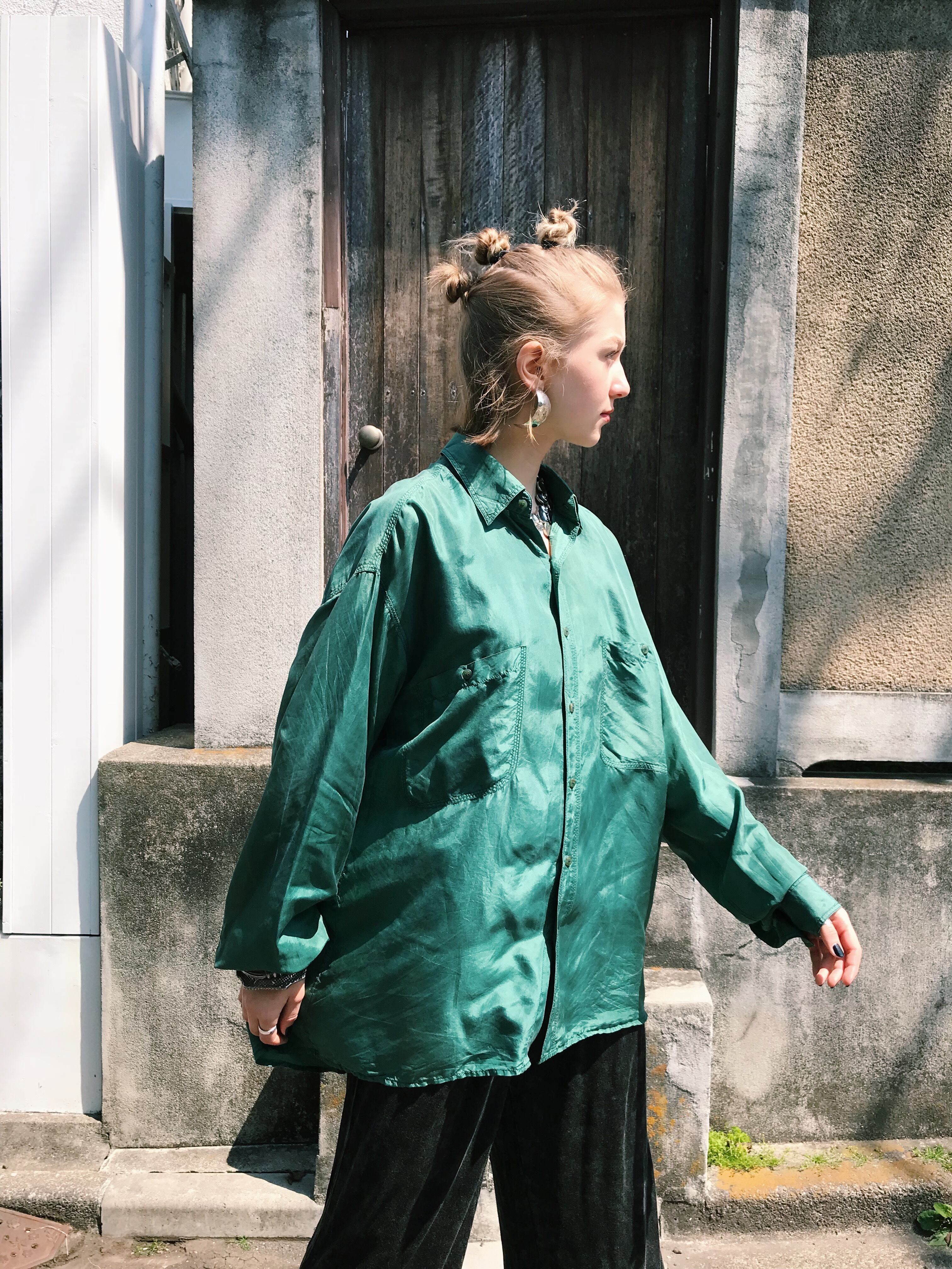 80s green big silk shirt ( ヴィンテージ グリーン ビッグ シルク ...