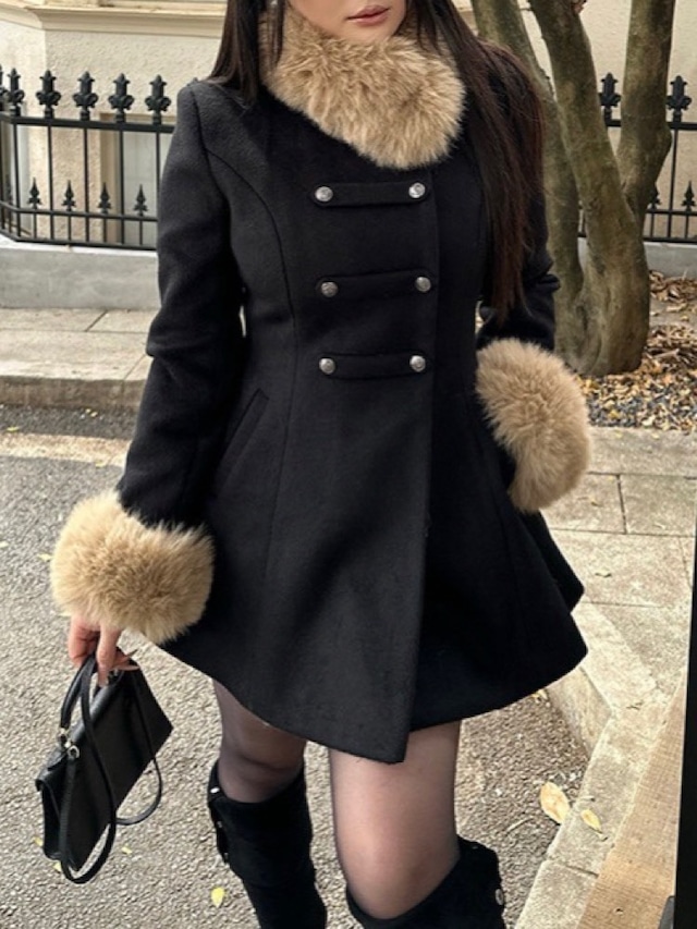 可愛いもきれいもこれ一着 フレアシルエットブラックコート ファー取り外し可能 おしゃれ 大人可愛い 上品 カジュアル きれいめ ミドル丈 おでかけ デート体型カバー 大きいサイズ 韓国 CH11356