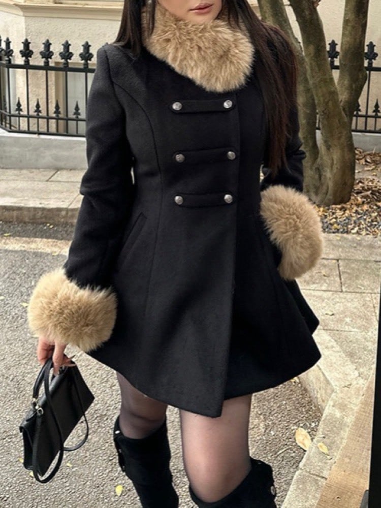 可愛いもきれいもこれ一着 フレアシルエットブラックコート ファー取り外し可能 おしゃれ 大人可愛い 上品 カジュアル きれいめ ミドル丈 おでかけ デート体型カバー 大きいサイズ 韓国 CH11356