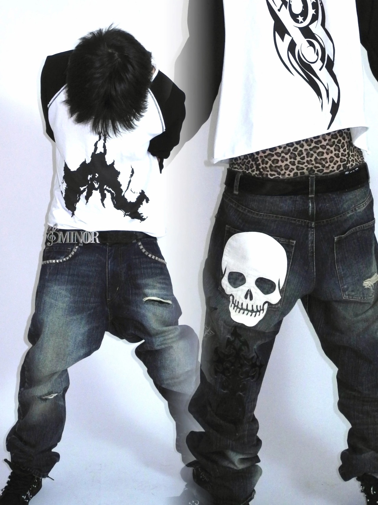 UCANTBELIKEME Studded Skull Patch Grunge Denim ワイドデニム | Juns 