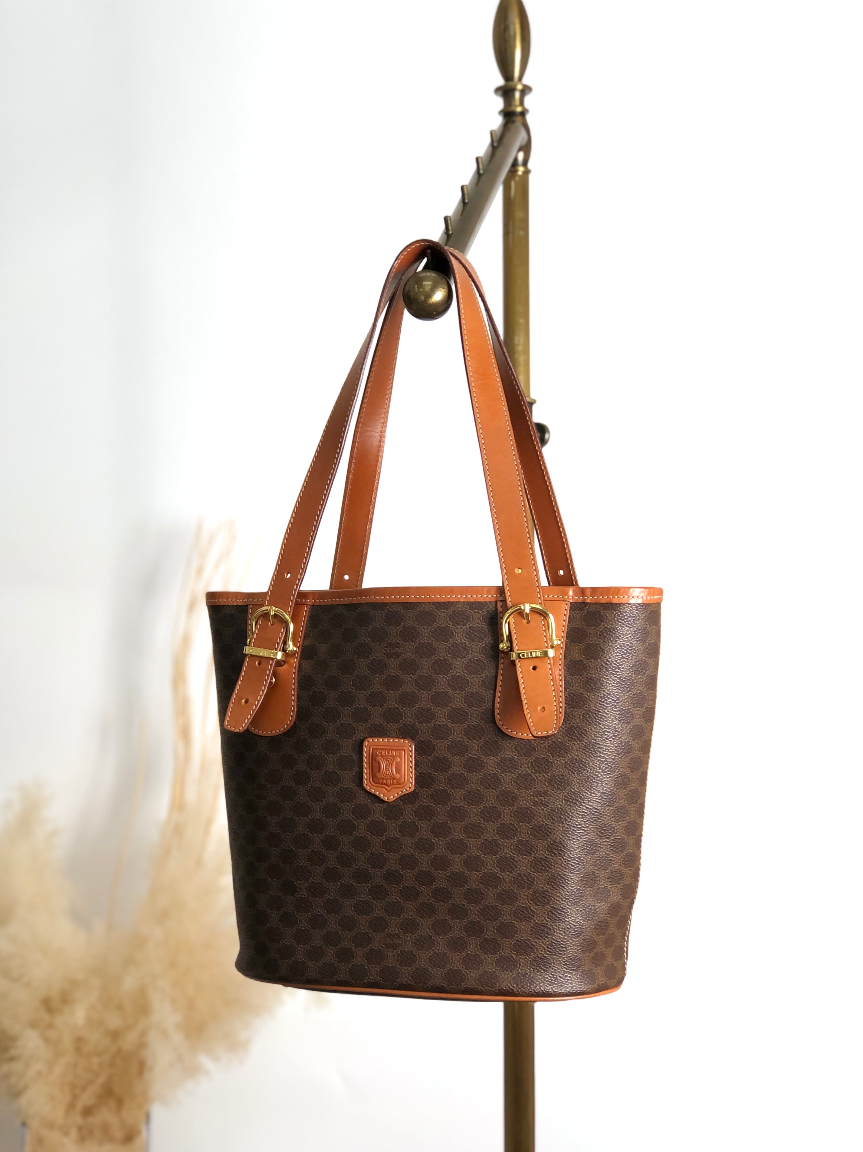 CELINE セリーヌ マカダム ハンドバッグ ブラウン ブラゾン型押し PVCレザー トートバッグ vintage ヴィンテージ オールド 2d6sne