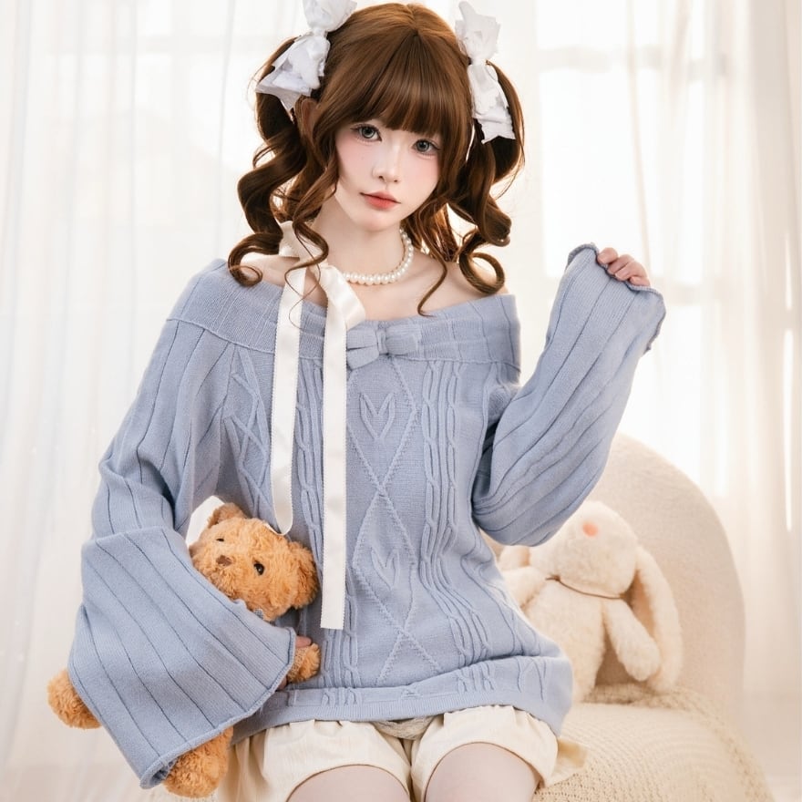 甘ロリ好きに|気品溢れる多重フリル ケーブル編みセーター|アイボリー サックスブルー2カラー