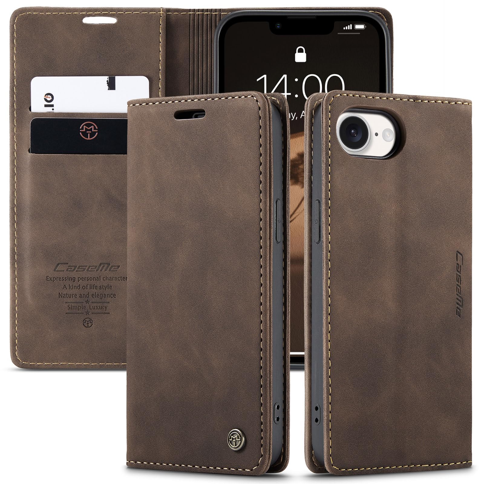 OURJOY iPhone 17e/16e 用 ケース 手帳型 横置き機能 レザー TPU 全面保護 耐衝撃 マグネット式 カード収納「コーヒー」