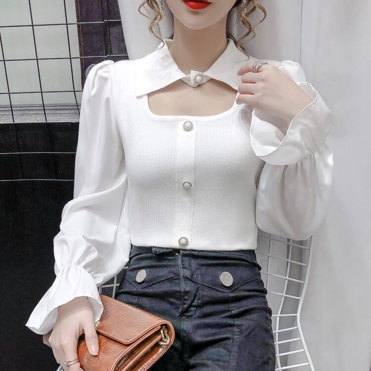 ブラウス 襟付き パール キャンディースリーブ レディース トップス 冬春コーデ