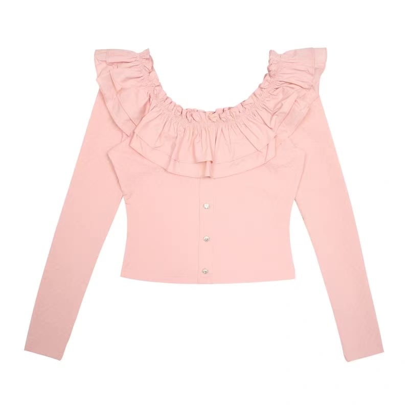 ブラウス オフショルダー フリル ハート ボーダー ピンク 肌見せ オフ