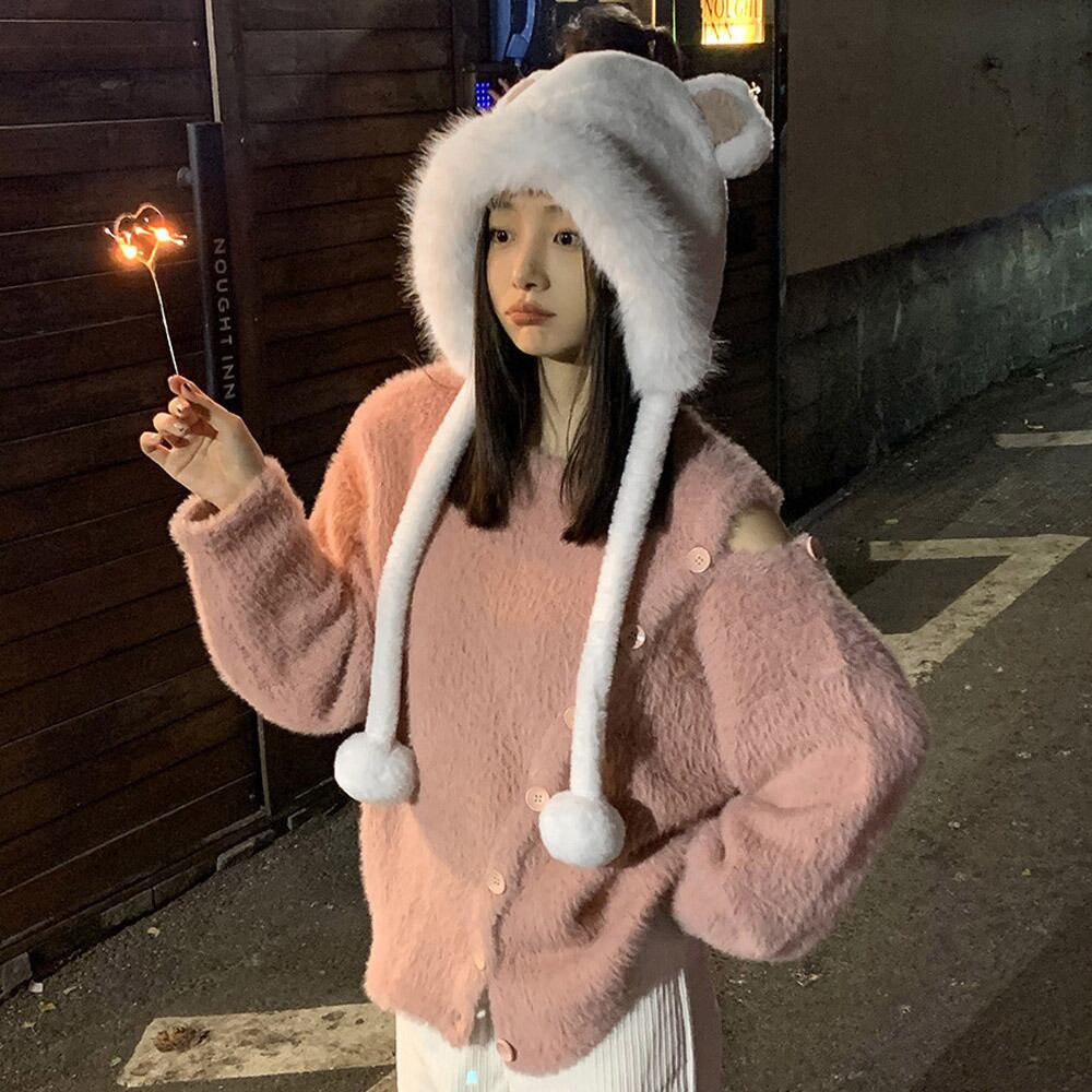 くま耳 ファー ハット レディース 韓国 帽子 防寒 保温 おしゃれ 大人 かわいい 暖かい 柔らかい 小顔 ふわふわ ポンポン付き 大人可愛い 大人女子
