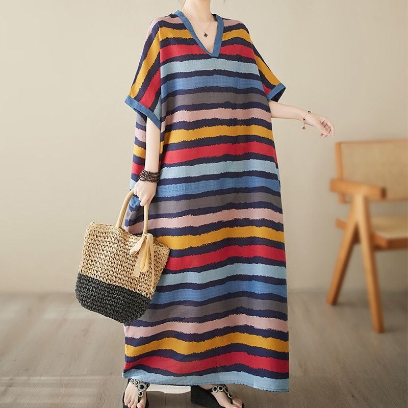 STRIPED V-NECK BATWING SHORT SLEEVE MAXI DRESS M-17388