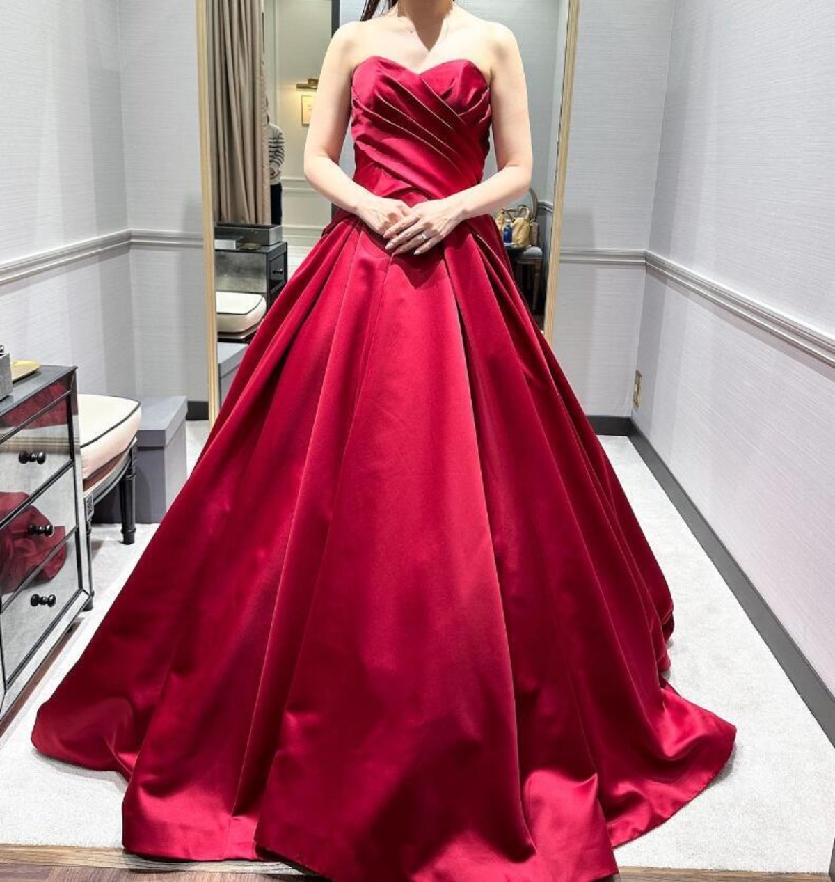 エレガント 赤 カラードレス ベアトップ オフショル トレーン 編み上げ  