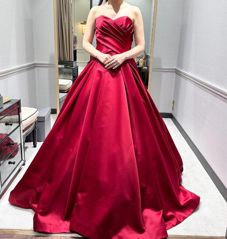エレガント 赤 カラードレス ベアトップ オフショル トレーン 編み上げ  