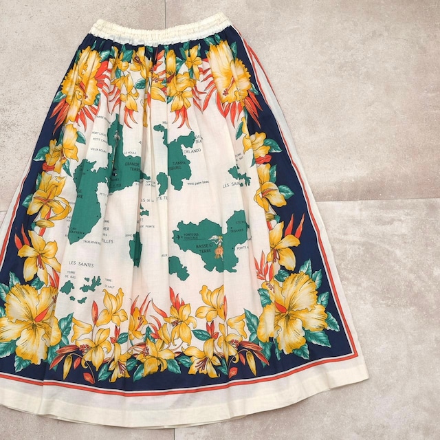 Flower & map panel pattern cotton skirt