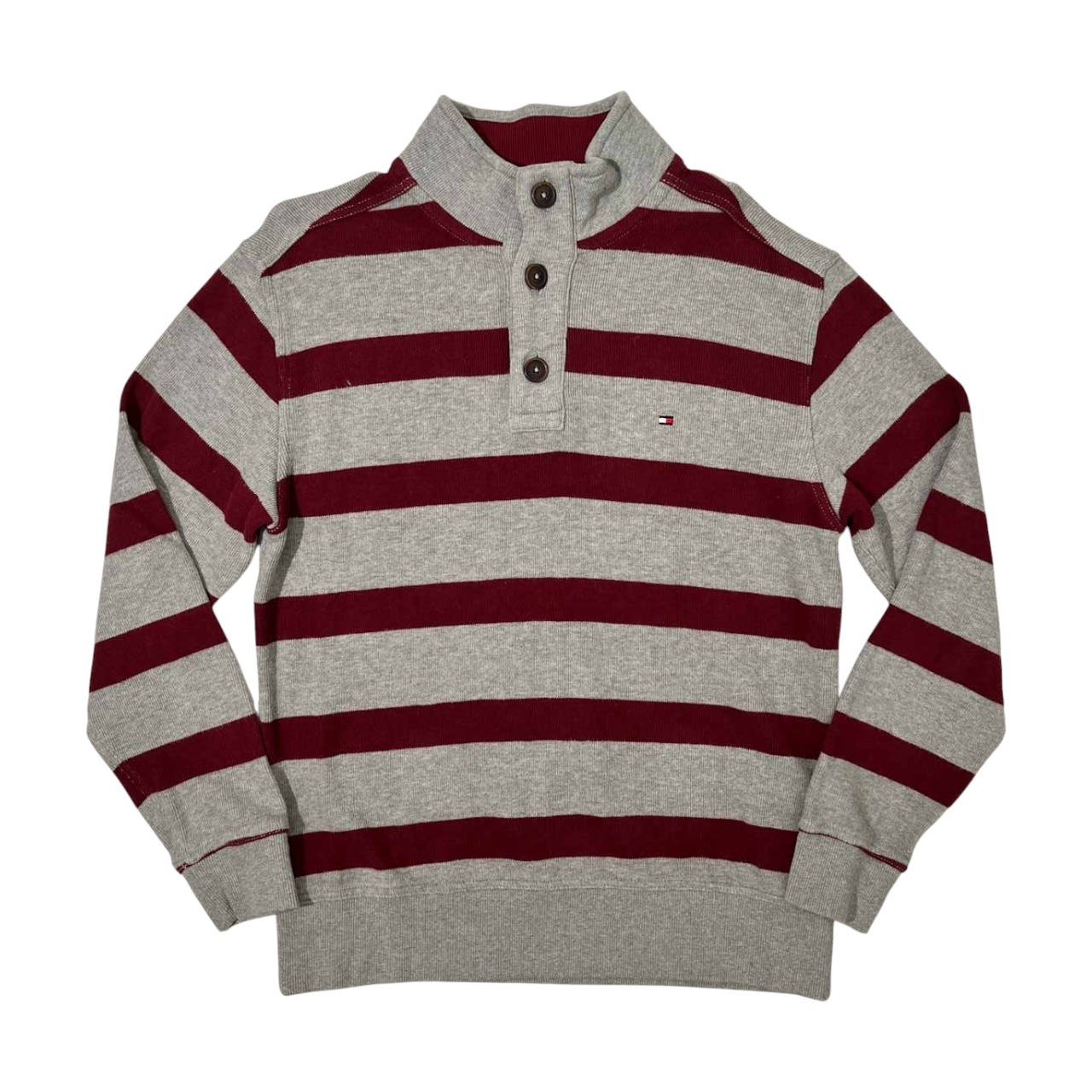 TOMMY HILFIGER トミーヒルフィガー ボーダー柄 ボタンモック ハイネック スウェット トレーナー シャツ L /グレー×ボルドー系