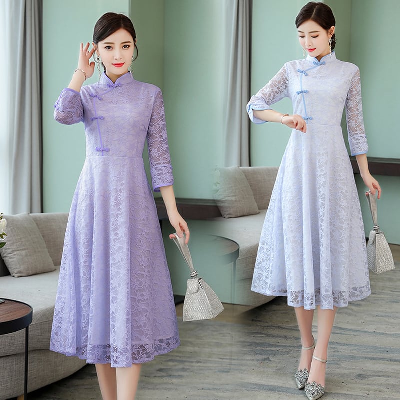 宝实シリーズ チャイナワンピース レース 成人式 チャイナ服 大きいサイズ S 3l 気質よい 青 紫 ピンク Elegant