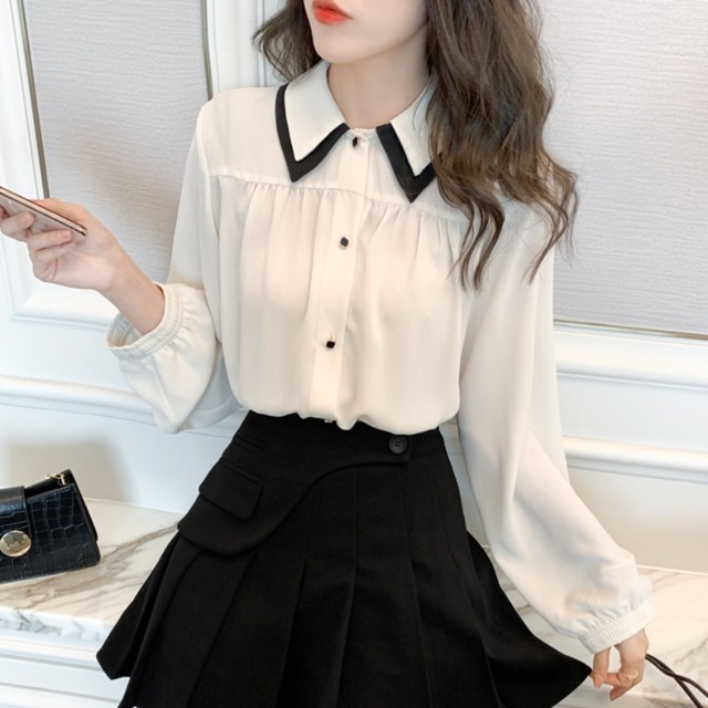 カラーシフォンシャツ オータムルーズトップス レディース ロング 秋物 ハンチェンe35882350349