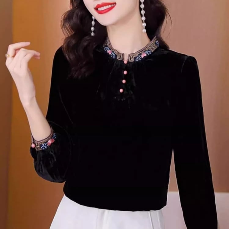 チャイナボタン ベルベット調トップス YS00070