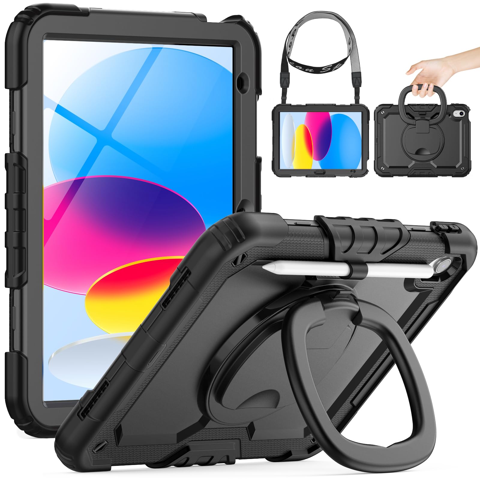 Timecity iPad A16 第11/10世代 専用ケース 耐衝撃 リングハンドル 360度回転スタンド ショルダーストラップ付き