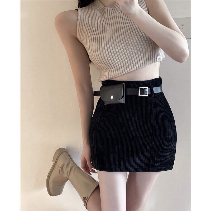 ウェストコーデュロイスカート オータムウィンターブラックスタンダードスリムショート レトロ 秋物 冬物 ガールズファッション9715458263