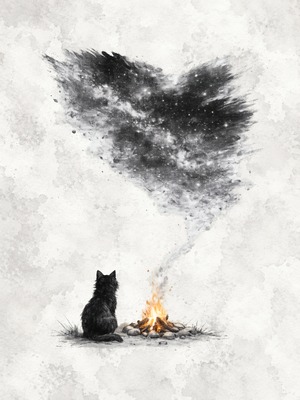 猫と焚き火 | 5400×7200px・600dpi・約50MB 高解像度PNG｜Digital Download Ink Wash Digital Art【デジタルダウンロード】夜空シリーズアート
